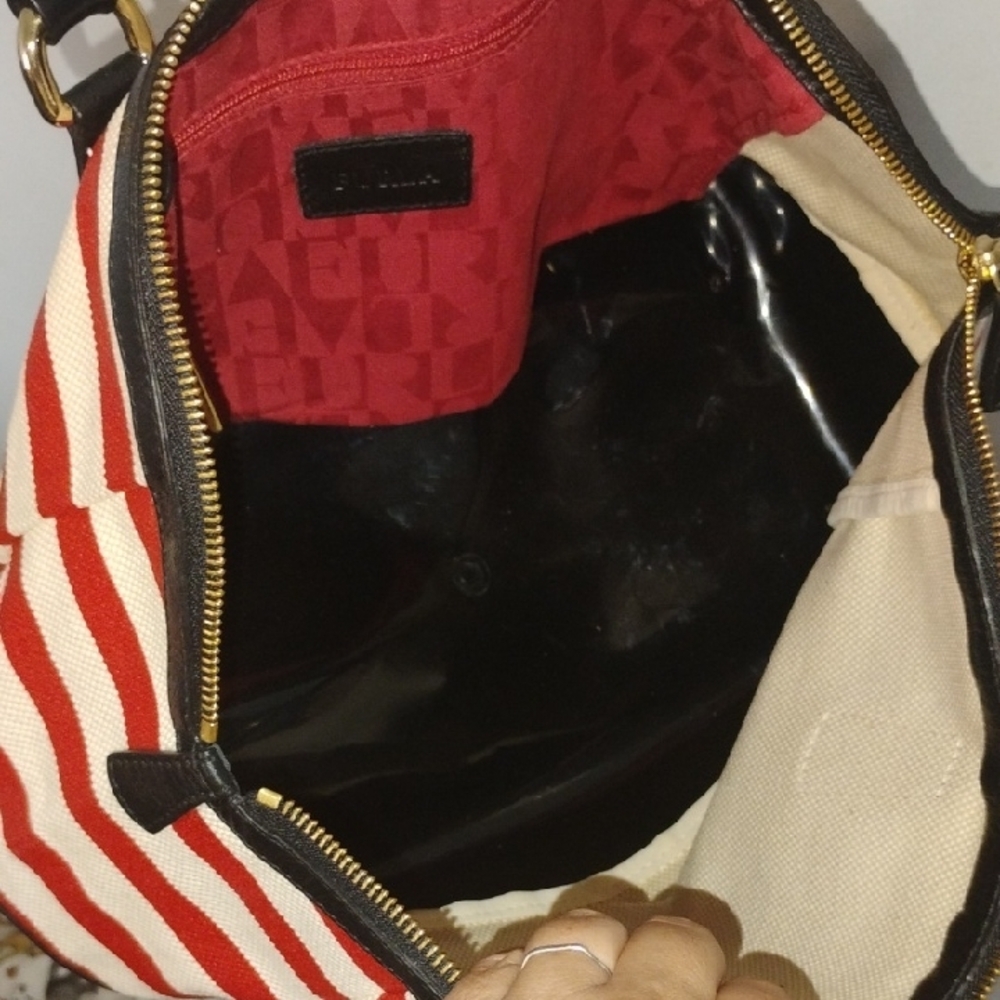 Furla Patriotic Red Off White Stripes Canvas and Black Jelly Bottom Handbag - Picture 11 of 11